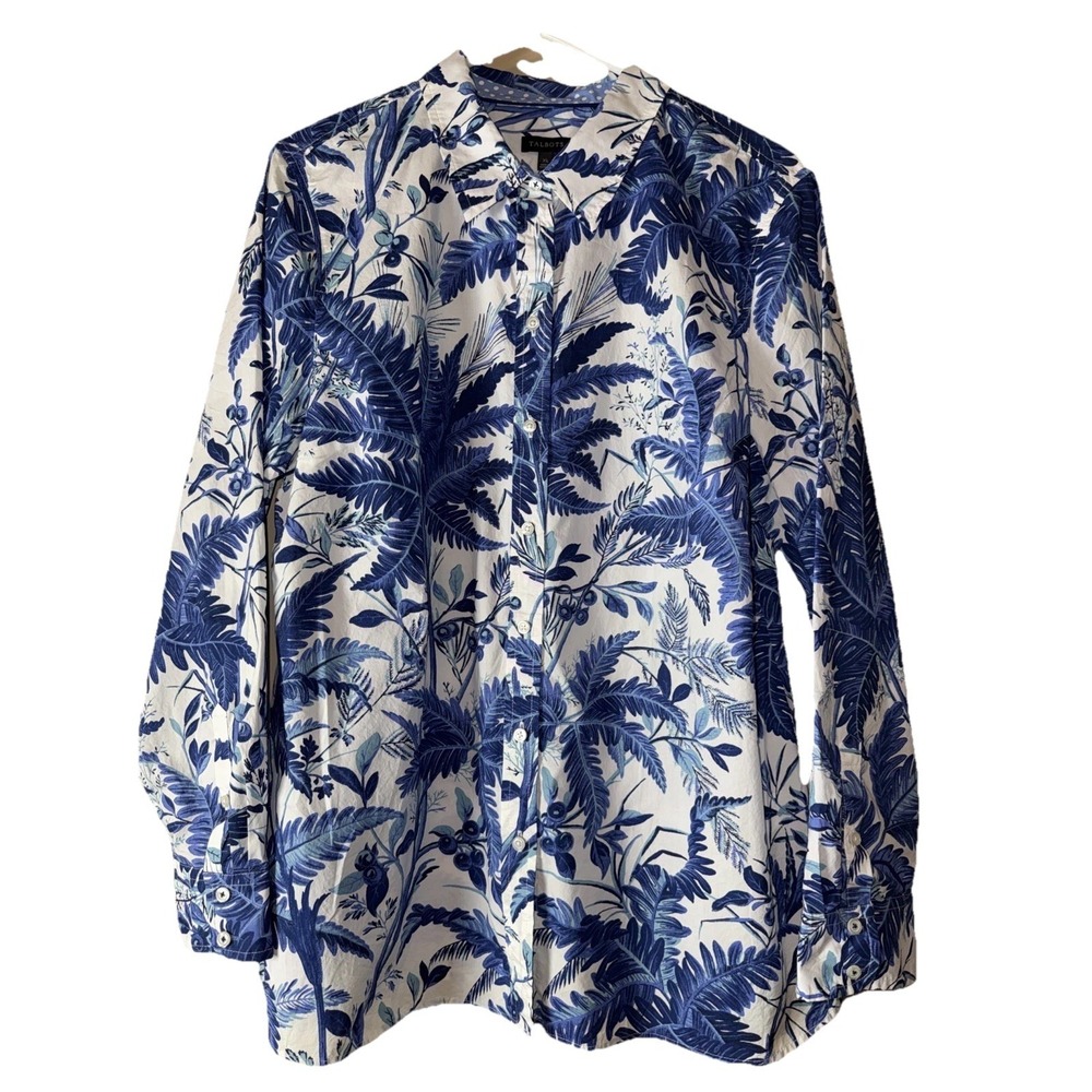 NWT Talbots XL 100% Cotton White Button Up Top Shirt w/ Blue Botanical Print